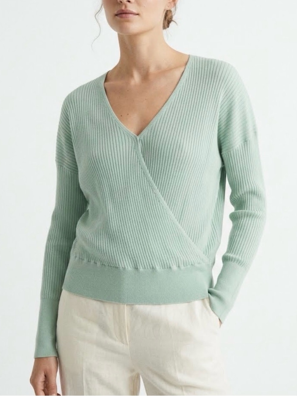NWT Elodie Faux Wrap Ribbed Sweater Sage Green V-Neck Midweight M
